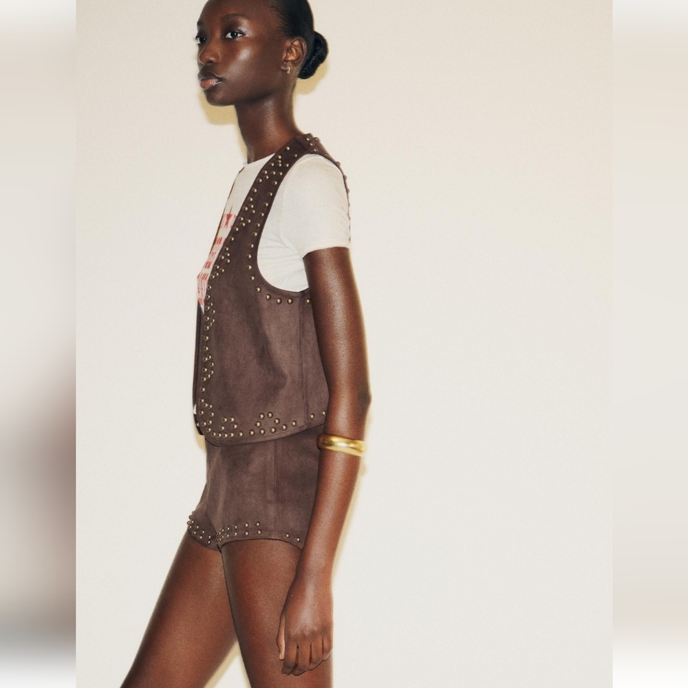 ZARA CHOCOLATE/BROWN STUDDED FAUX SUEDE VEST ✨️✨️✨️ - Picture 3 of 8